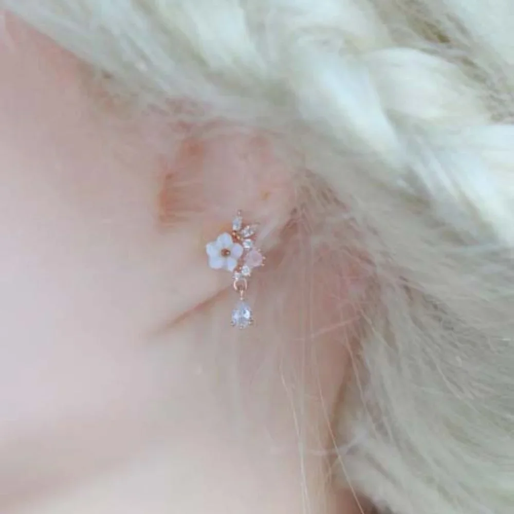 Sterling Silver Crystal Flower Earrings Delicate Minimal Floral Earrings Studs - Picture 8 of 8